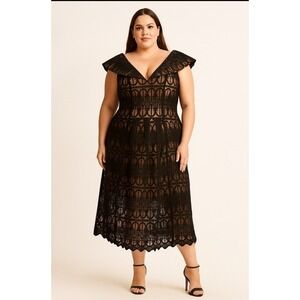Vintage Ey Boutique Nude Black Lace Fit And Flare Dress Size 18W  V Neck 90s Y2K